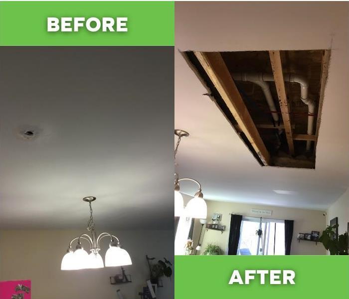Before and after of water damage on a ceiling